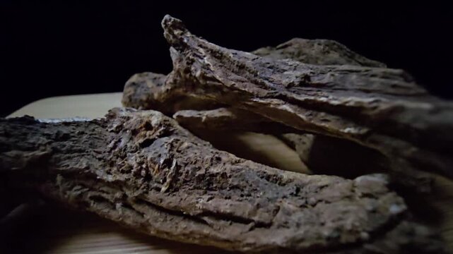 Macro shot of raw Indian Costus roots (Saussurea costus) on a wooden surface. High-quality footage showcasing the natural, dried woody texture of this ancient medicinal herb.