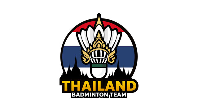 Thailand badminton team emblem with thai crown shuttlecock and temple silhouette vector, Vector illustration EPS 10