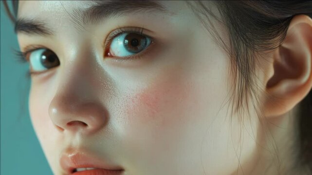 A young Asian woman with a beautiful glowing complexion and striking eye makeup.