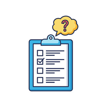 Clipboard with checklist and question mark in speech bubble, important question for survey or exam, task list with checkboxes and thinking bubble icon.