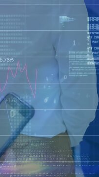 Woman bringing phone into frame and tapping, starting finance HUD tracking charts and percent