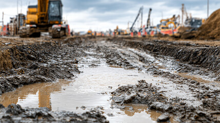 Fototapeta premium Large construction machinery working on muddy terrain with water-filled tire tracks during overcast weather at an active industrial site