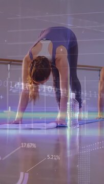 Vertical video: Woman pushing back into forward fold from hands in yoga, HUD tracking alignment