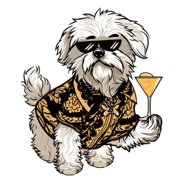 White dog wearing sunglasses and holding a martini
