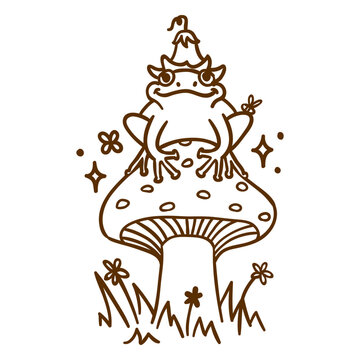 Brown drawing of a frog sitting on a mushroom