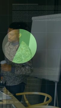 Vertical video: Host glancing at table initiating pie, bar, line charts forming business data table