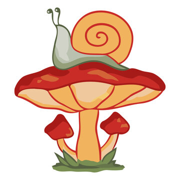 Playful snail on mushroom illustration