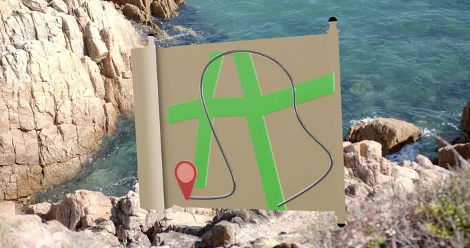 On scroll unfurling beige scroll map unfolding drawing looping green route linking pins