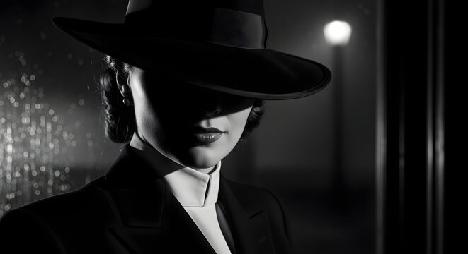 Mysterious Elegant Woman in a Fedora Hat with Shadowed Face in Classic Film Noir Style Black and White Portrait