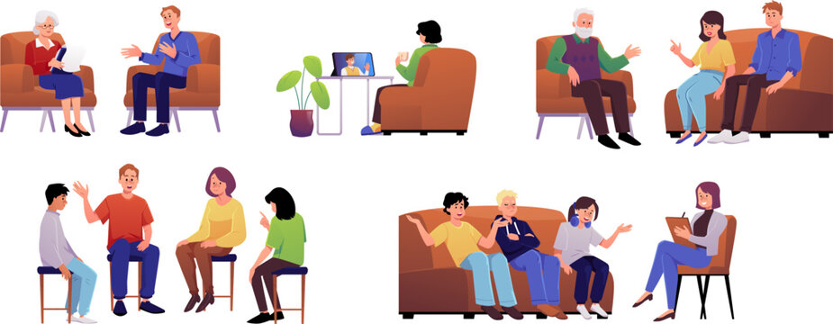 Support group, Online therapy, counseling, family therapy with psychologist vector flat illustration isolated on white