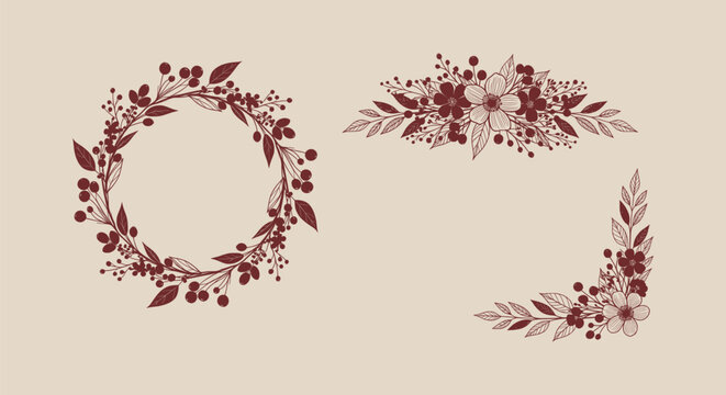 Elegant Floral Wreath and Decorative Botanical Borders Set with Hand Drawn Flowers and Berries.