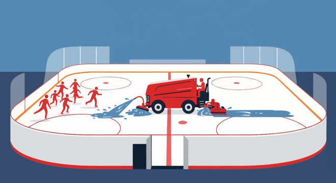 Ice Resurfacing Machine Cleans Hockey Rink While Players Watch On