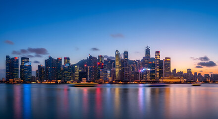 Obraz premium Panoramic view of a modern city skyline at dusk with glowing skyscrapers reflected in the water