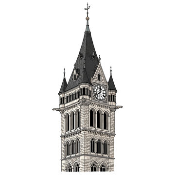A tall clock tower with a steeply pitched roof.