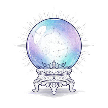 Crystal ball on ornate stand with celestial design.