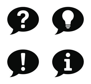 Speech bubble icon set with question mark, light bulb, exclamation mark and information symbol in black silhouette vector illustration.