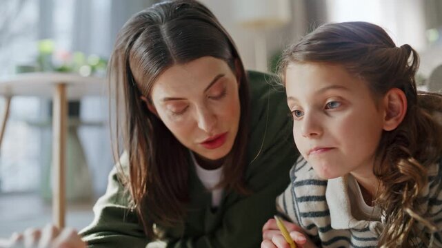 Online family using tablet home closeup. Mother pointing screen doing homework