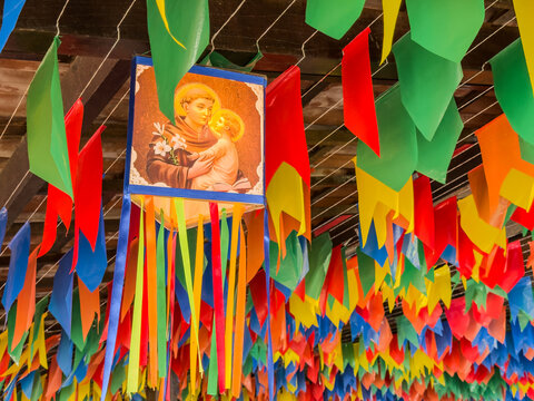 Colorful flags, Saint Anthony lantern and decorative balloon for the Saint John party, which takes place in June in northeastern Brazil