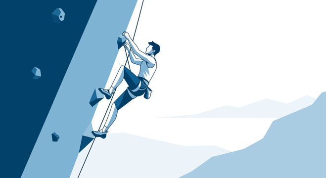 Man Ascends Steep Rock Face With Skill And Determination On Outdoor Adventure