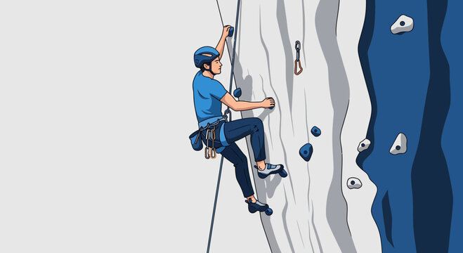 Man Ascends Vertical Climbing Wall Engaging in Extreme Sport Activity