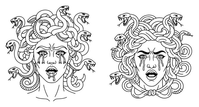 Medusa gorgon head with snakes as hair and angry expression greek mythology line art