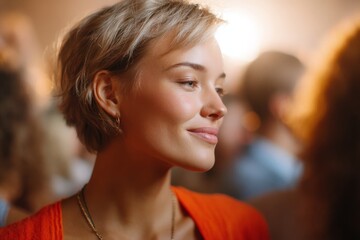 Obraz premium Portrait of confident woman in warm ambient lighting