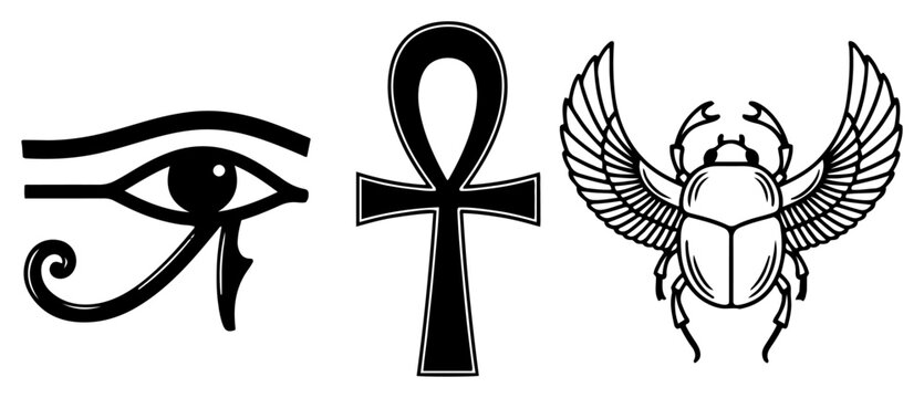Eye of Horus Ankh cross and winged scarab beetle Egyptian symbols set in black line art style