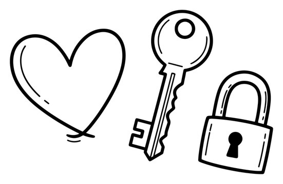 Heart shape with metal key and padlock representing love security and secret protection in doodle style