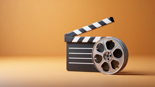 Film reel and open clapperboard standing on a neutral background, representing the conceptual tools and equipment for filmmaking, cinema, and video production