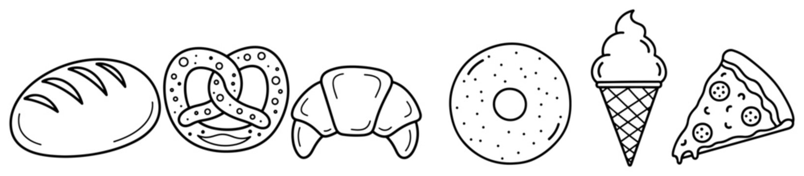 Bakery products including pizza pretzel and donut icons set in simple line art style