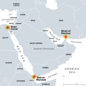 Arabian Peninsula, maritime trade chokepoints, political map. Suez Canal, Strait of Hormuz, Bab-el-Mandeb, the geopolitically important maritime routes for shipping oil, natural gas, and goods. Vector