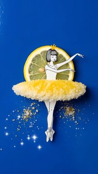 Animation of a drawn ballerina in crown dancing with a slice of lemon background, her tutu made of lemon pulp and sugar scattered on blue background with sparkles