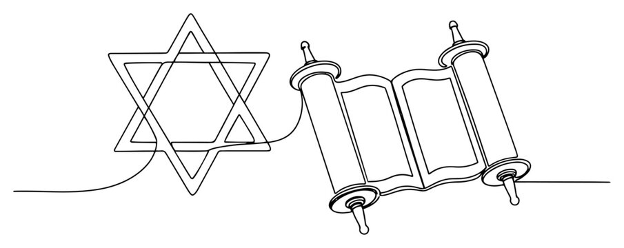 Star of David and Torah scroll connected by single line in continuous line art style