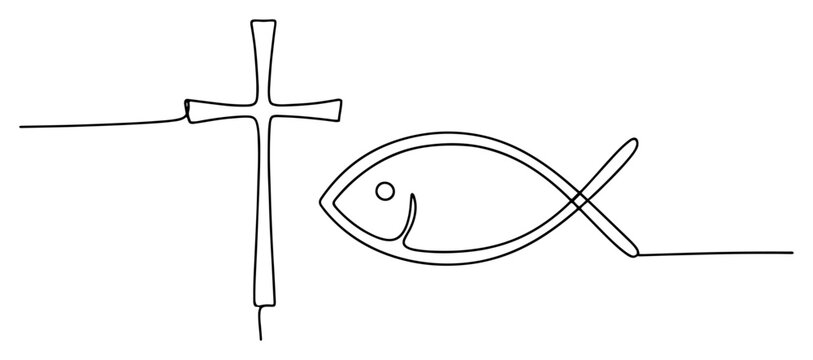 Christian cross and ichthys fish symbol in continuous line art style