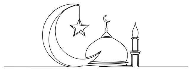 Islamic mosque with dome and crescent moon in minimalist continuous line art style © Cristiano