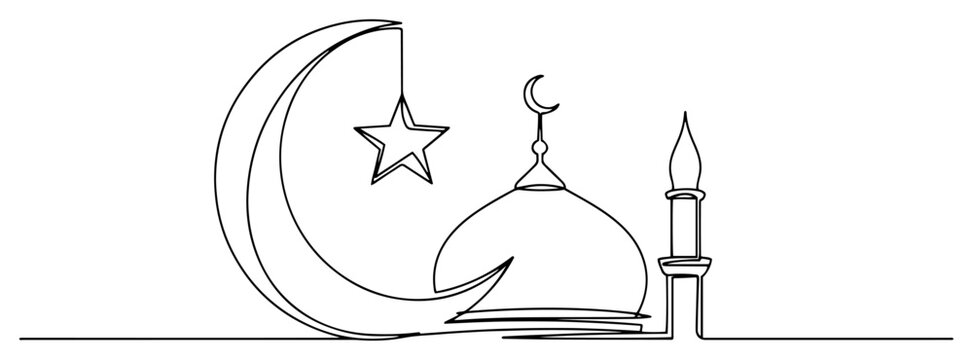 Islamic mosque with dome and crescent moon in minimalist continuous line art style