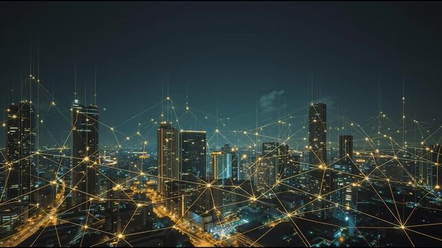 smart, digital, city, connection, network, reciprocity, cityscape, concept, future, wireless, social, media, networking systems, connects, people, double, exposure, waves, background, artificial intel