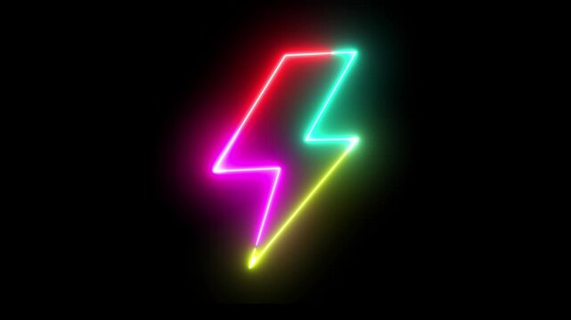 Colorful rainbow neon lightning bolt glowing on black background loop animation.4k video