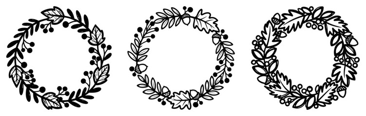 Floral wreaths with leaves berries and acorns for decorative border in black and white botanical style © Cristiano