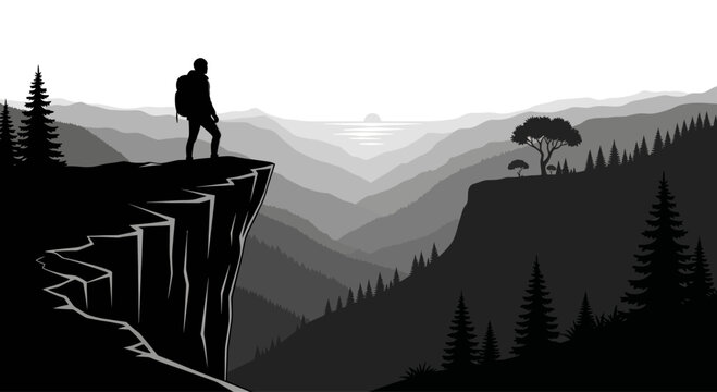 Man standing on mountain cliff edge.