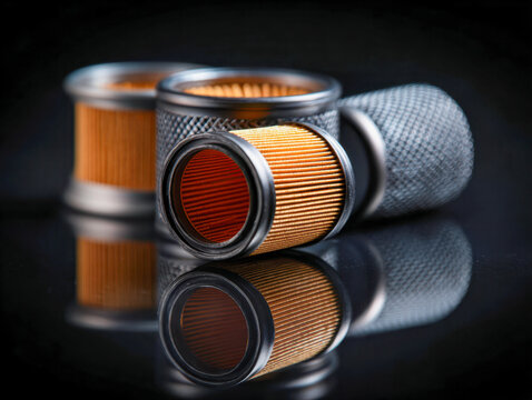Industrial cylindrical air filters with orange pleated paper element and metal mesh casing reflecting on glossy black surface background in selective focus photograp