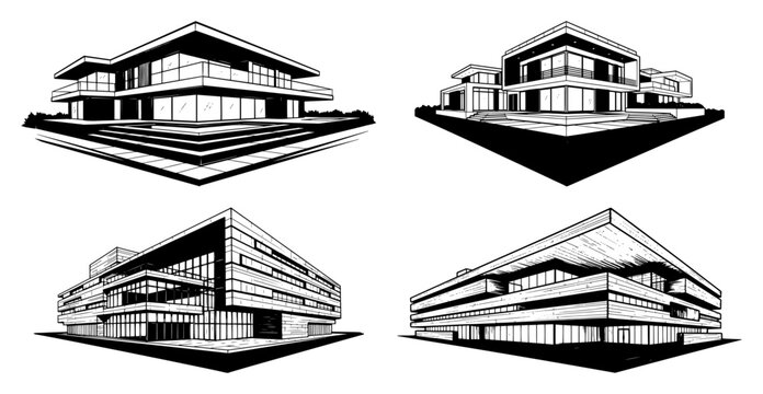 Modern luxury house architectural renderings showing multiple perspective views in black and white graphic style