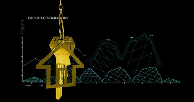 Gold house key swinging left as playback starting, teal mesh rising and labeling real estate trend