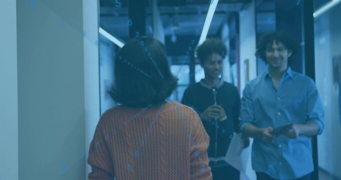 Woman walking office corridor, two men approaching, acknowledging peers while passing with folder