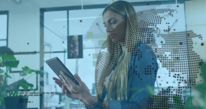 Woman tapping tablet, activating dotted world-map overlay in business, analyzing global trends