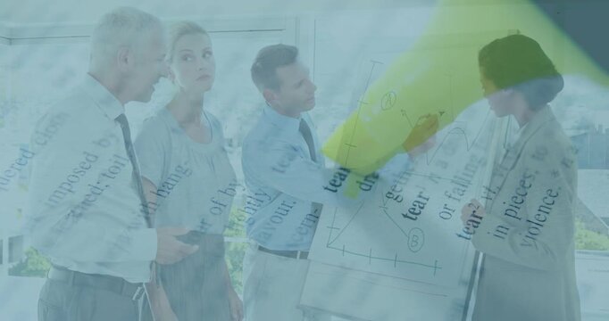 Analyst stepping, circling business chart, team clarifying data while yellow pen overlay drifting