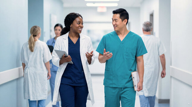 Female black doctor and male asian nurse walking and talking in modern hospital corridor with blurred background