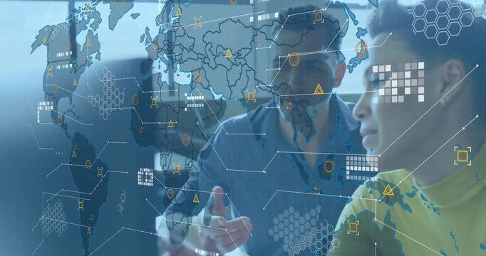 Vertical video: Man pointing and woman using mouse as map overlay fades in, marking tech risk nodes