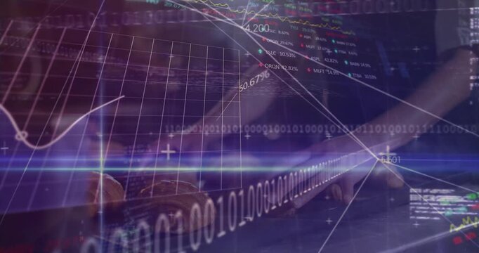Woman's hands landing on keyboard and typing, activating animated charts, code, binary for finance