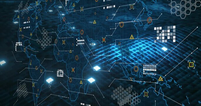 Animating holographic world map over rippled blue grid in digital space with hex panels and pulses